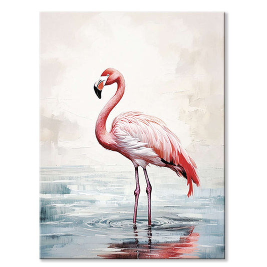 Flamingo wall art – a single pink flamingo wading in shallow, rippled water, canvas print
