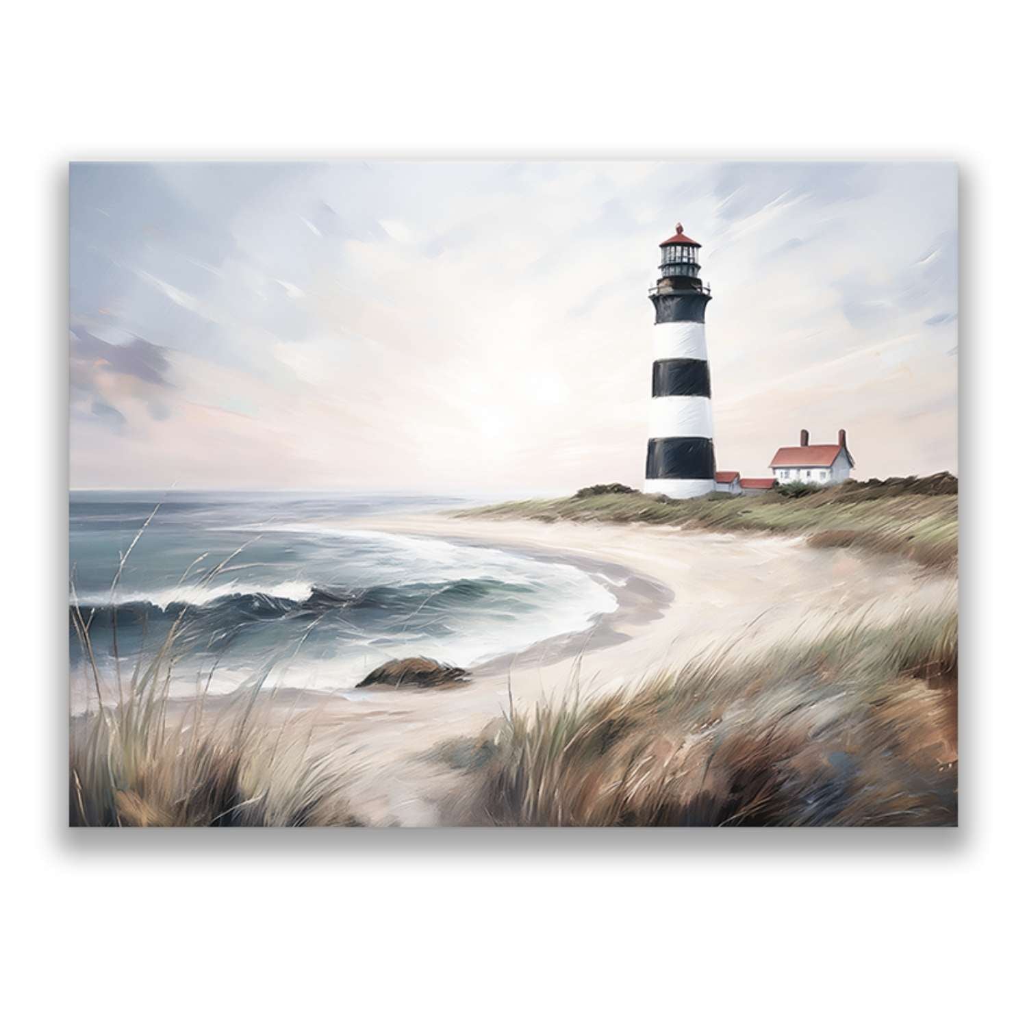 Lighthouse wall art – bold black-and-white stripes against a peaceful beachscape, canvas print