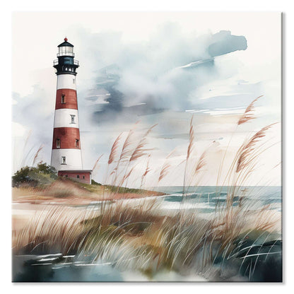 Lighthouse art – bold striped detailing in coastal blues against the shoreline, canvas print