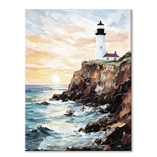 Maine wall art – dramatic rock cliffs and a lighthouse under cool, late-summer Atlantic light, canvas print