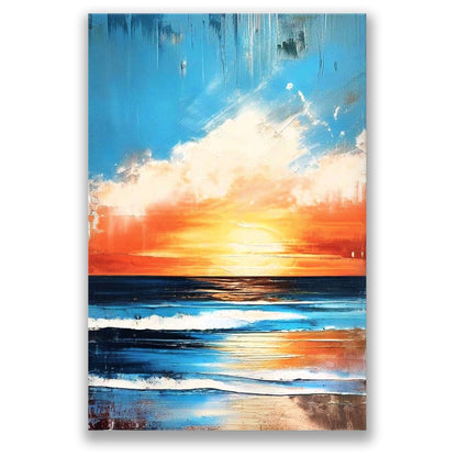 Ocean sunset wall art – a dramatic orange horizon against a streaked blue sky, canvas print