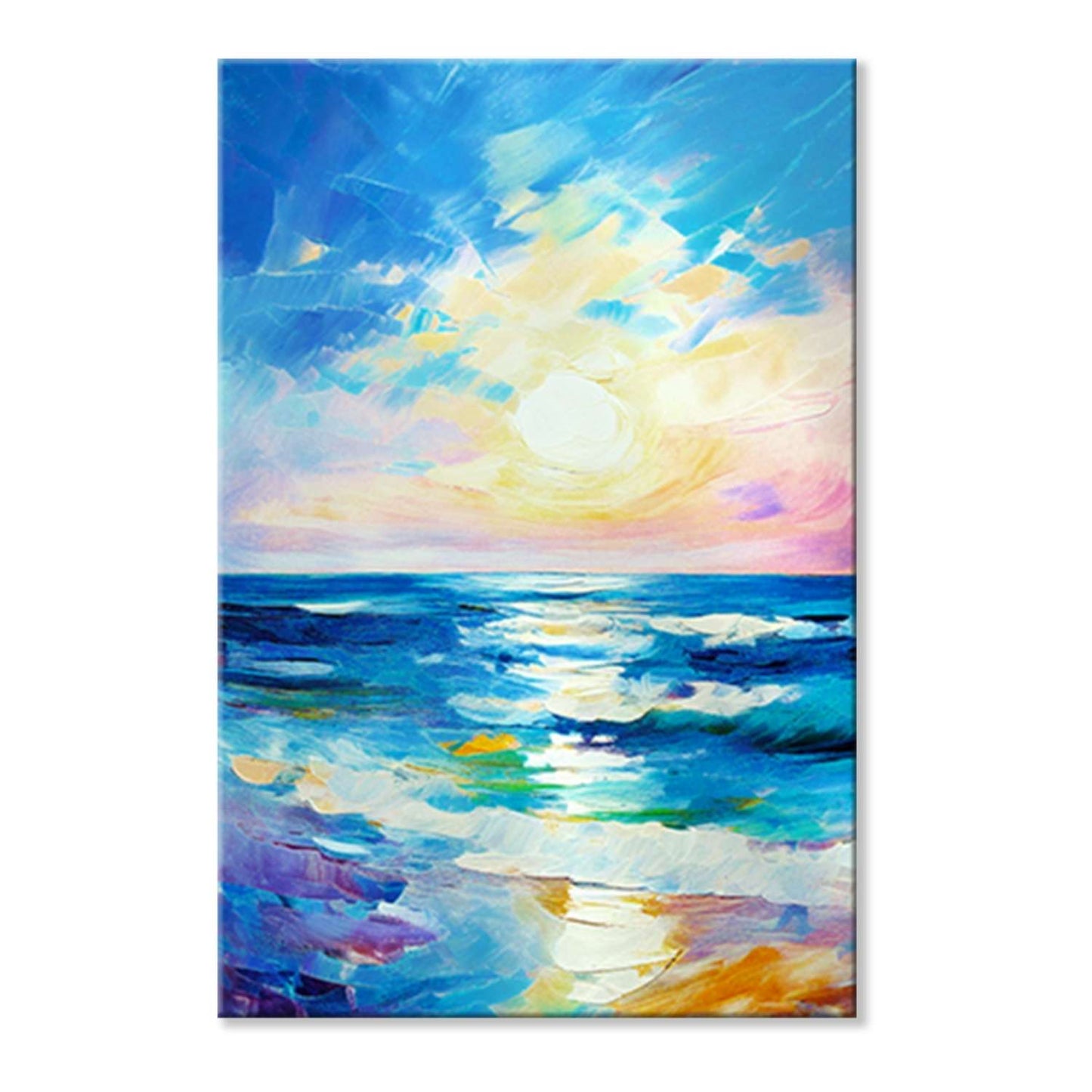 Pastel wall art – a soft pink-and-gold sunset glow over calm water, canvas print