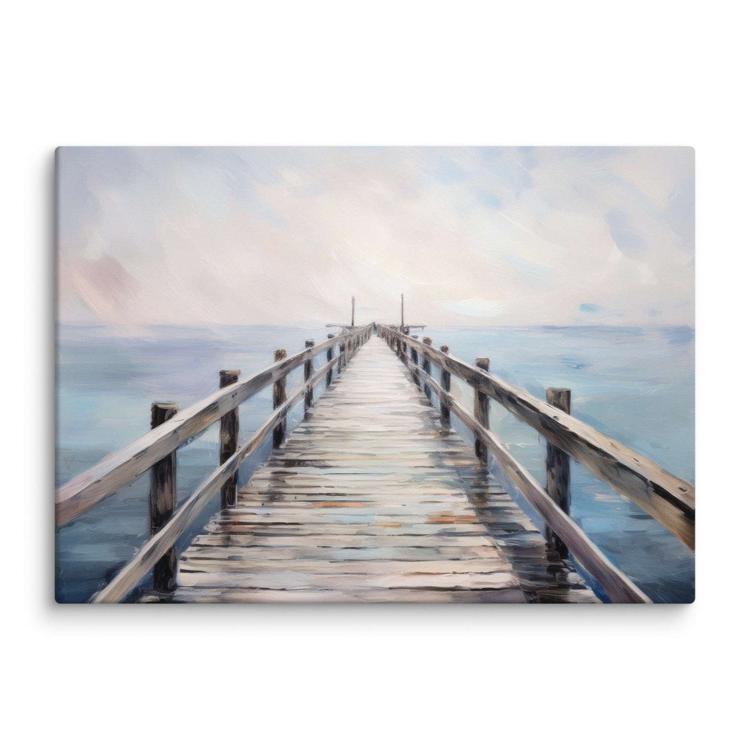 Pier wall art – a weathered wooden dock stretching into soft blue water, canvas print