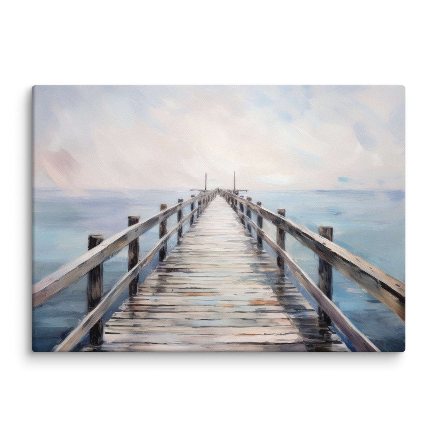 Pier wall art – a weathered wooden dock stretching into soft blue water, canvas print