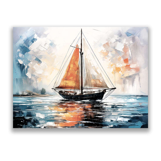Sailboat wall art – a small sailboat with a warm orange sail crossing quiet blue-grey water, canvas print