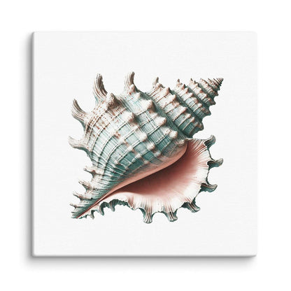 Sea shell wall art – a spiny, frilled shell in teal and rust tones with a soft blush-pink interior, canvas print