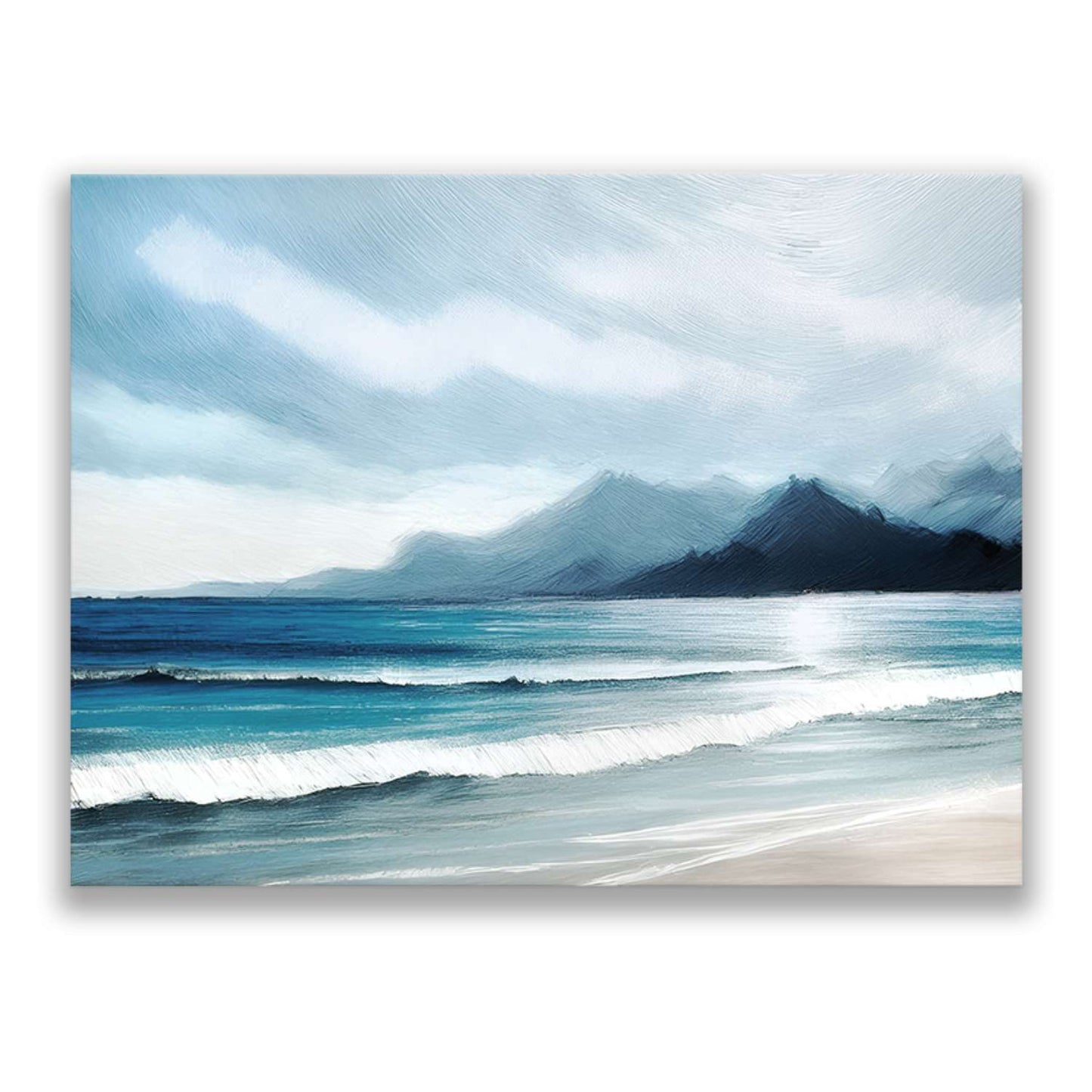 Seascape artwork – distant blue mountains meeting the shoreline in a hazy, layered horizon, canvas print