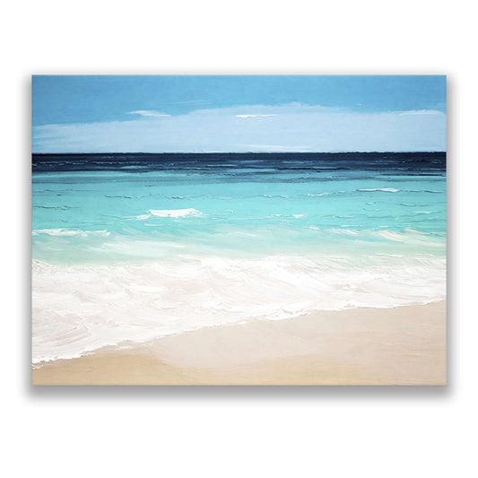 Seashore artwork – deep blue ocean with white foam from retreating waves along an unbroken horizon, canvas print