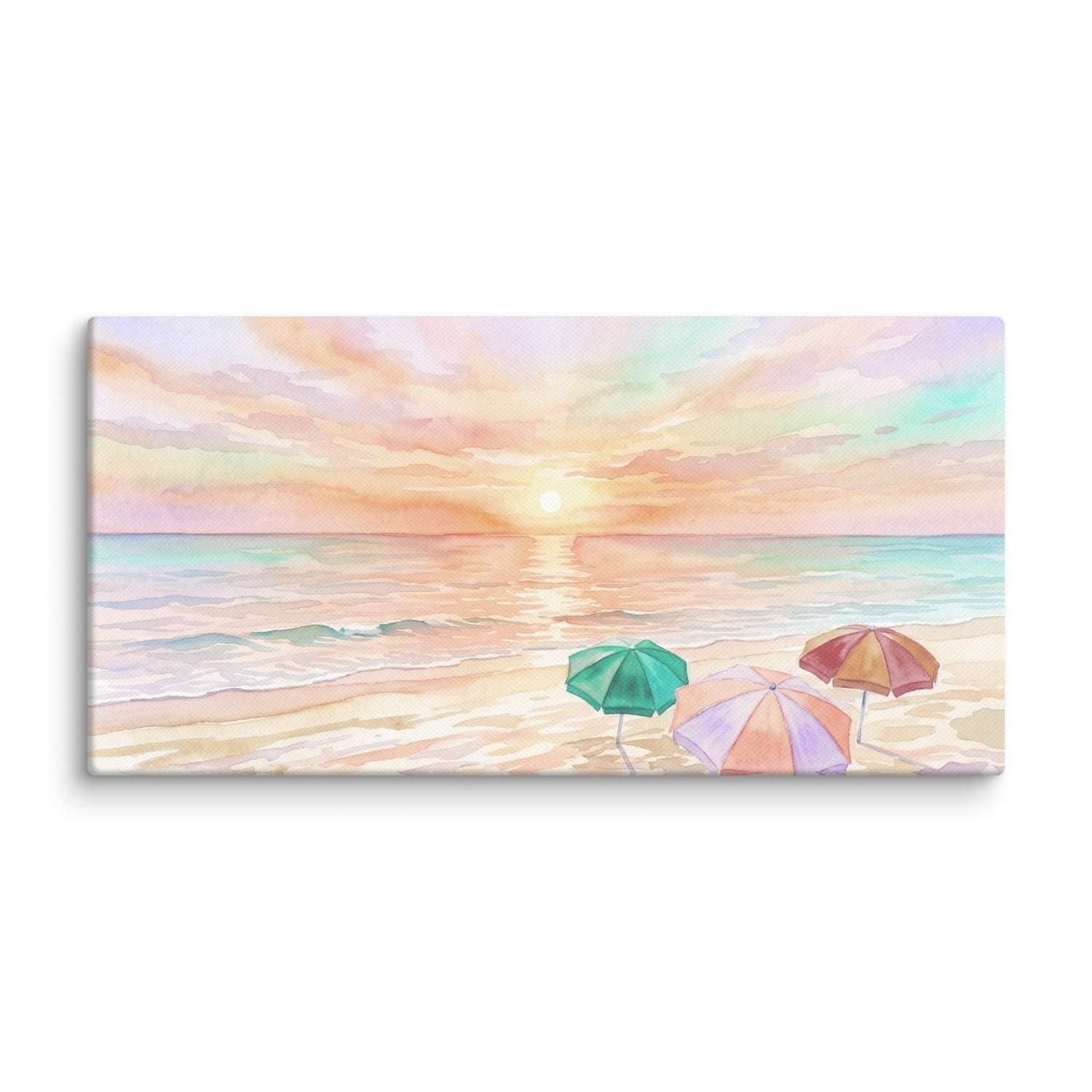 Soft pastels artwork – three beach umbrellas in green, coral, and burgundy on the sand under a soft pastel sunset, canvas print
