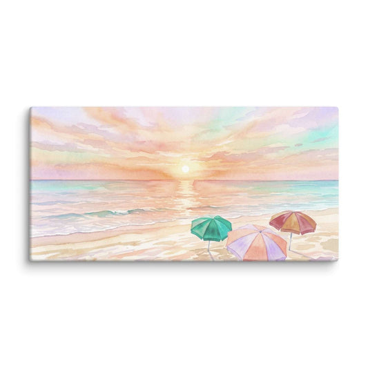 Soft pastels artwork – three beach umbrellas in green, coral, and burgundy on the sand under a soft pastel sunset, canvas print