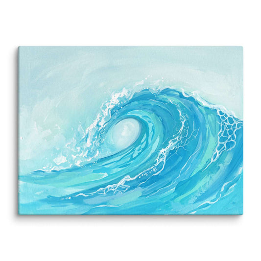 Teal Wall Art – a wave curling into a full barrel, foam netting down the face, canvas print