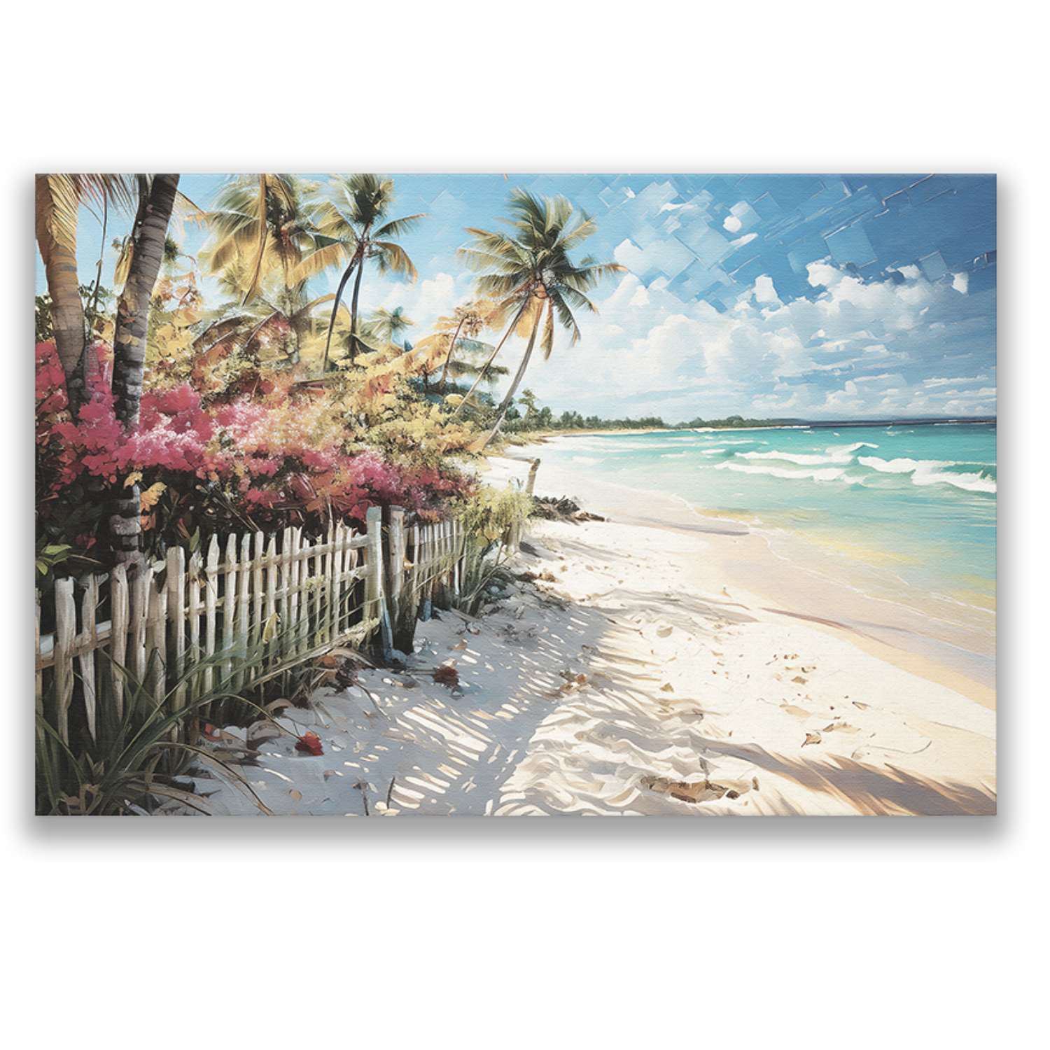Tropical canvas wall art – pink bougainvillea spilling over a white picket fence in afternoon light, canvas print