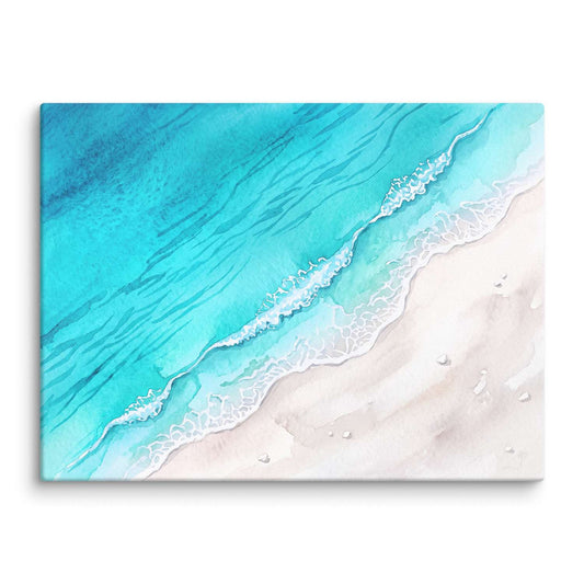 Waves Art – water viewed straight down from above, lacy foam tracing the shoreline, canvas print