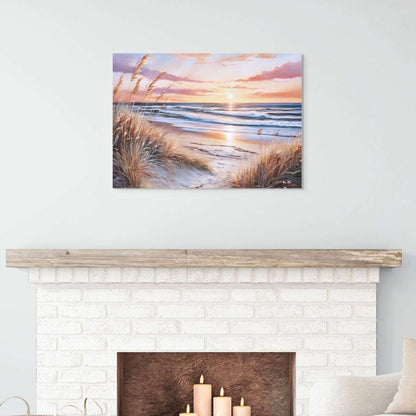 Beach sunset art canvas hanging in a living room
