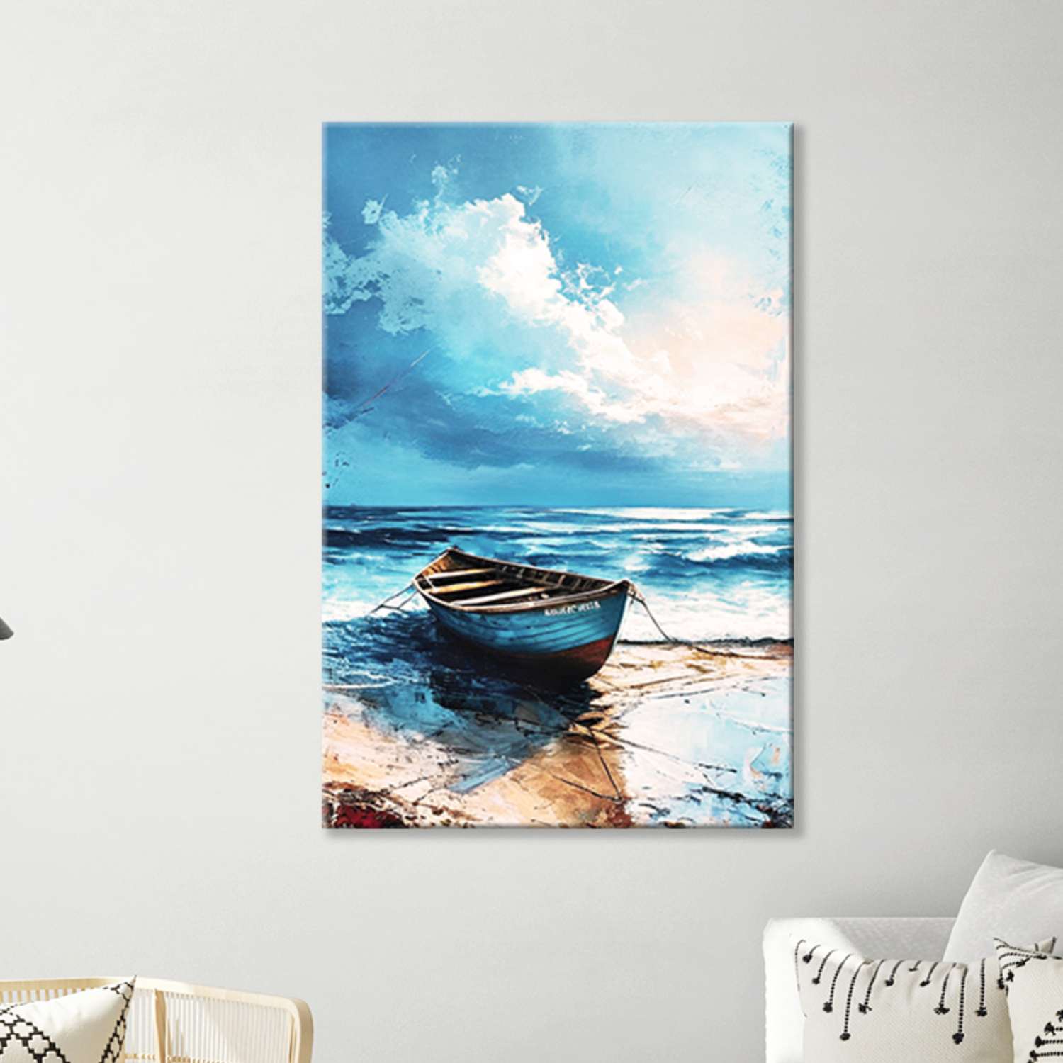 Boat artwork canvas hanging in a living room