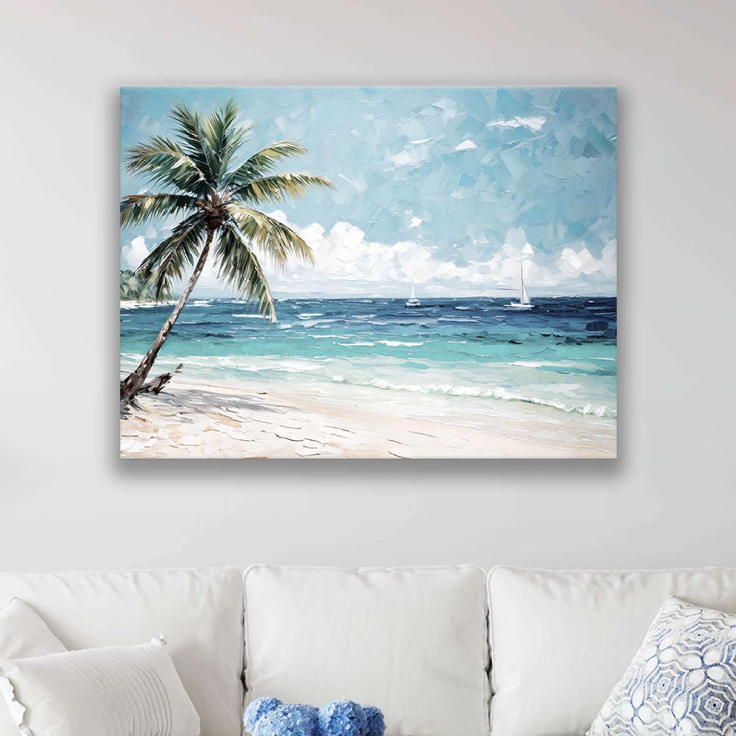 Caribbean wall art canvas hanging in a living room