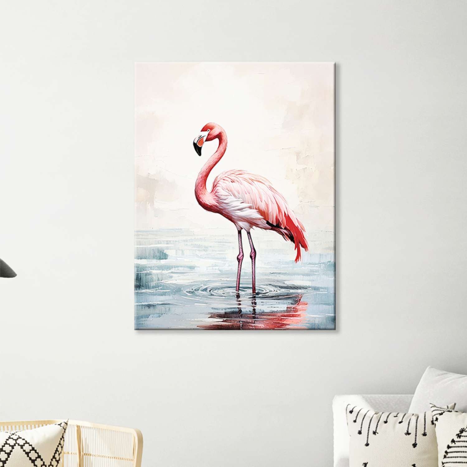 Flamingo wall art canvas hanging in a living room