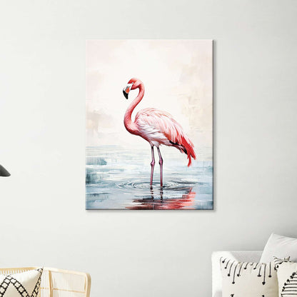 Flamingo wall art canvas hanging in a living room