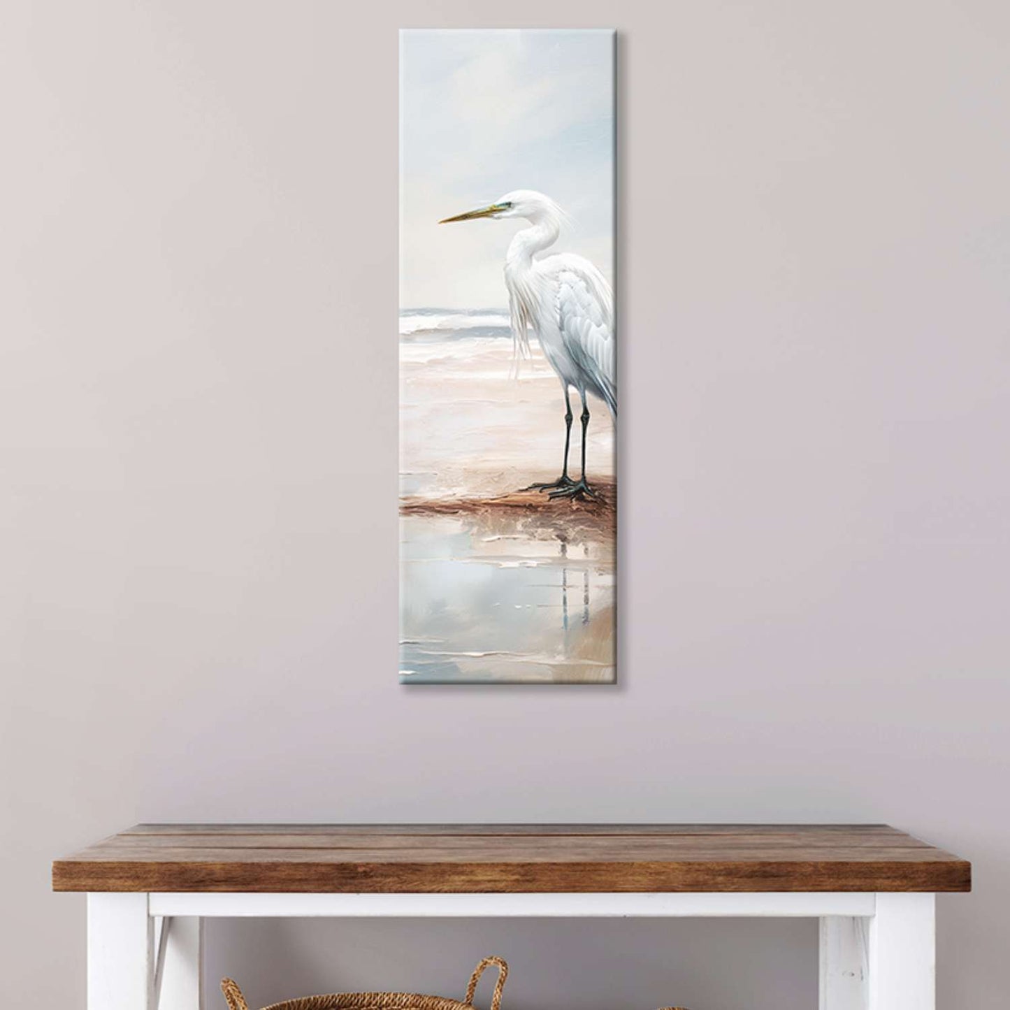 Heron wall art canvas hanging in a living room