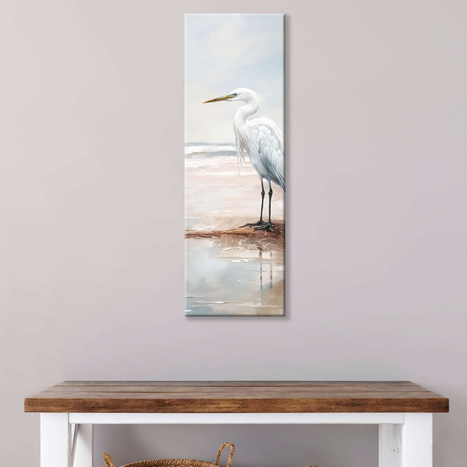 Heron wall art canvas hanging in a living room