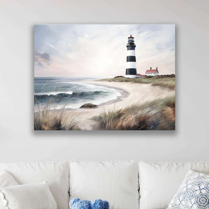 Lighthouse wall art canvas hanging in a living room
