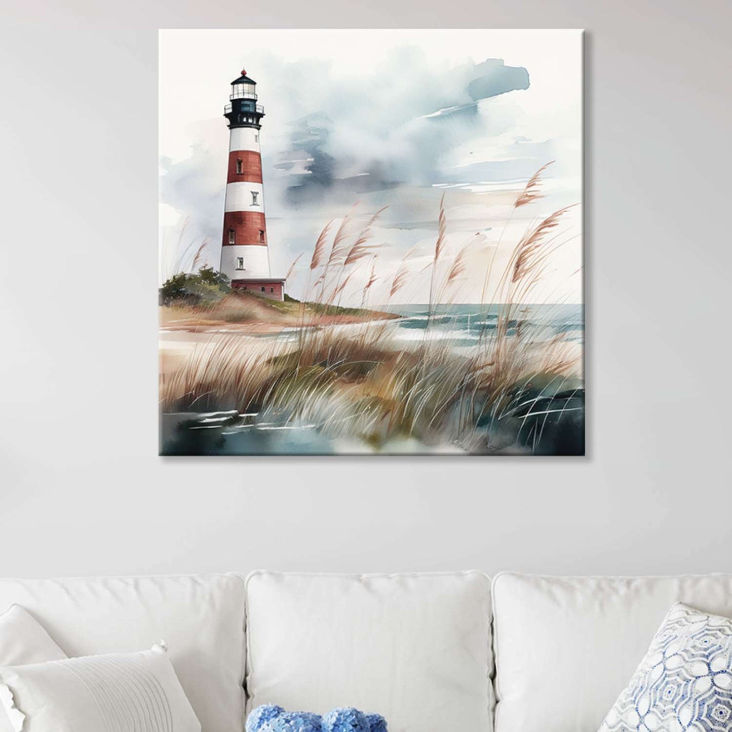 Lighthouse art canvas hanging in a living room