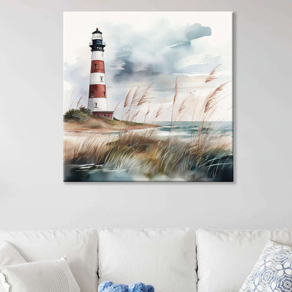 Lighthouse art canvas hanging in a living room