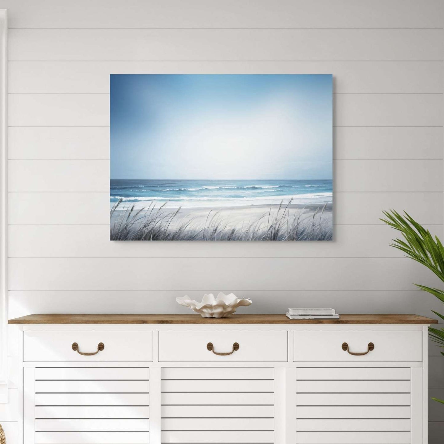 Ocean art on canvas hanging in a living room