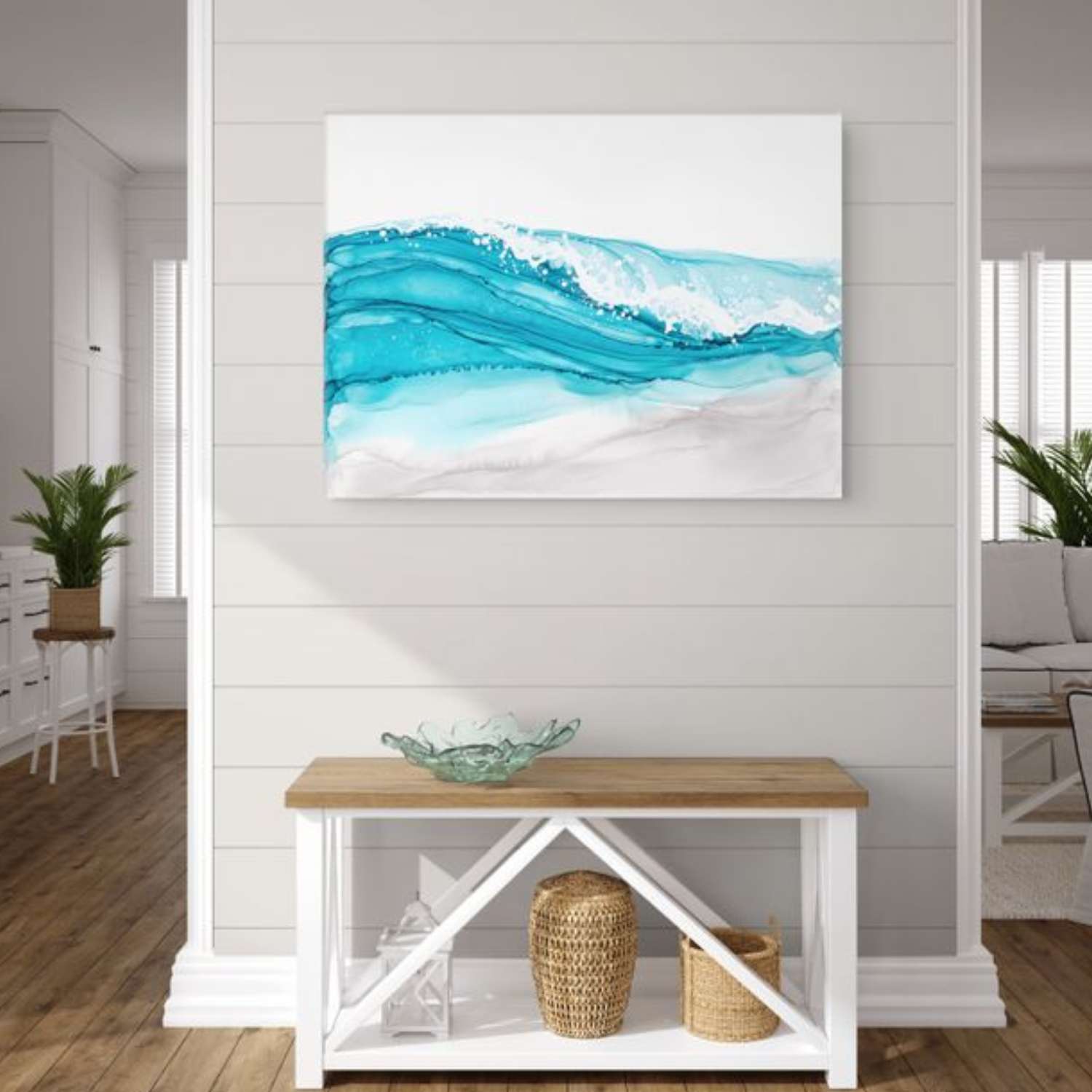 Ocean Waves Art canvas hanging in a dining room