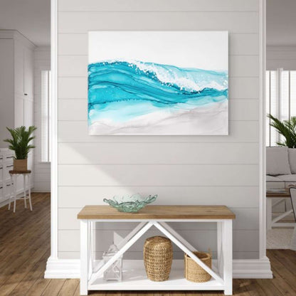 Ocean Waves Art canvas hanging in a dining room