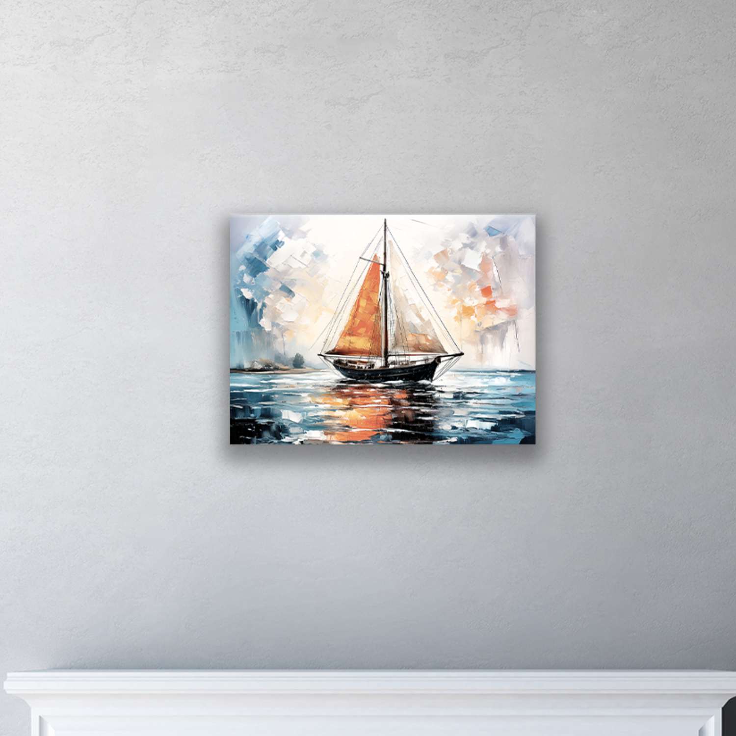 Sailboat wall art canvas hanging in a living room