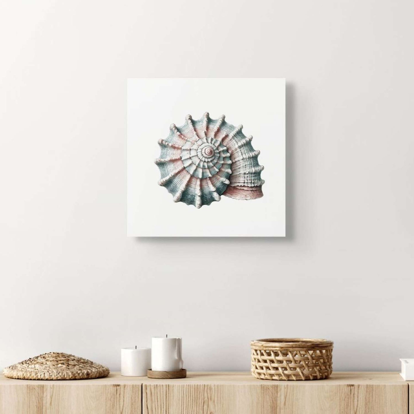 Seashell canvas wall art hanging in a living room