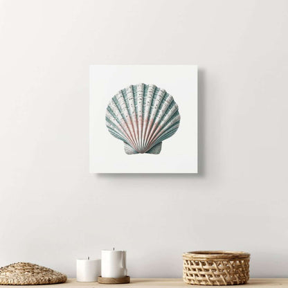 Shell canvas art hanging in a living room