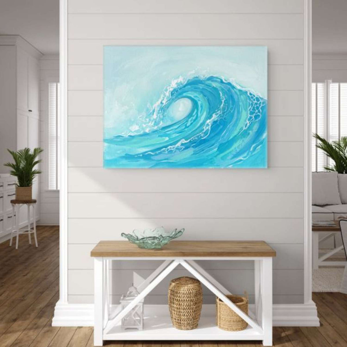 Teal Wall Art canvas hanging in a living room