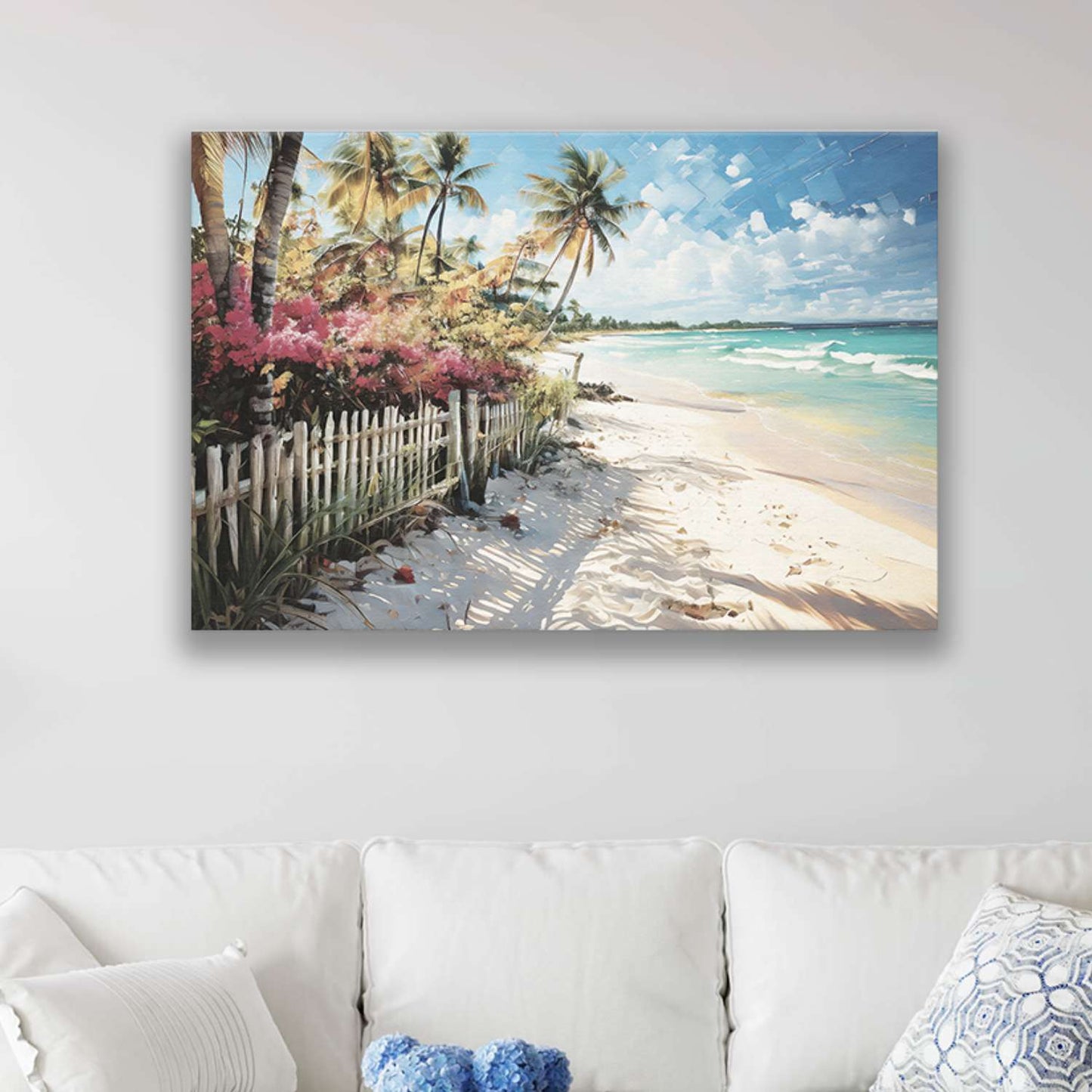 Tropical canvas wall art hanging in a living room