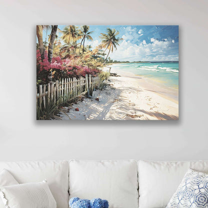Tropical canvas wall art hanging in a living room