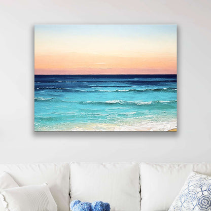 Tropical sunset wall art canvas hanging in a living room