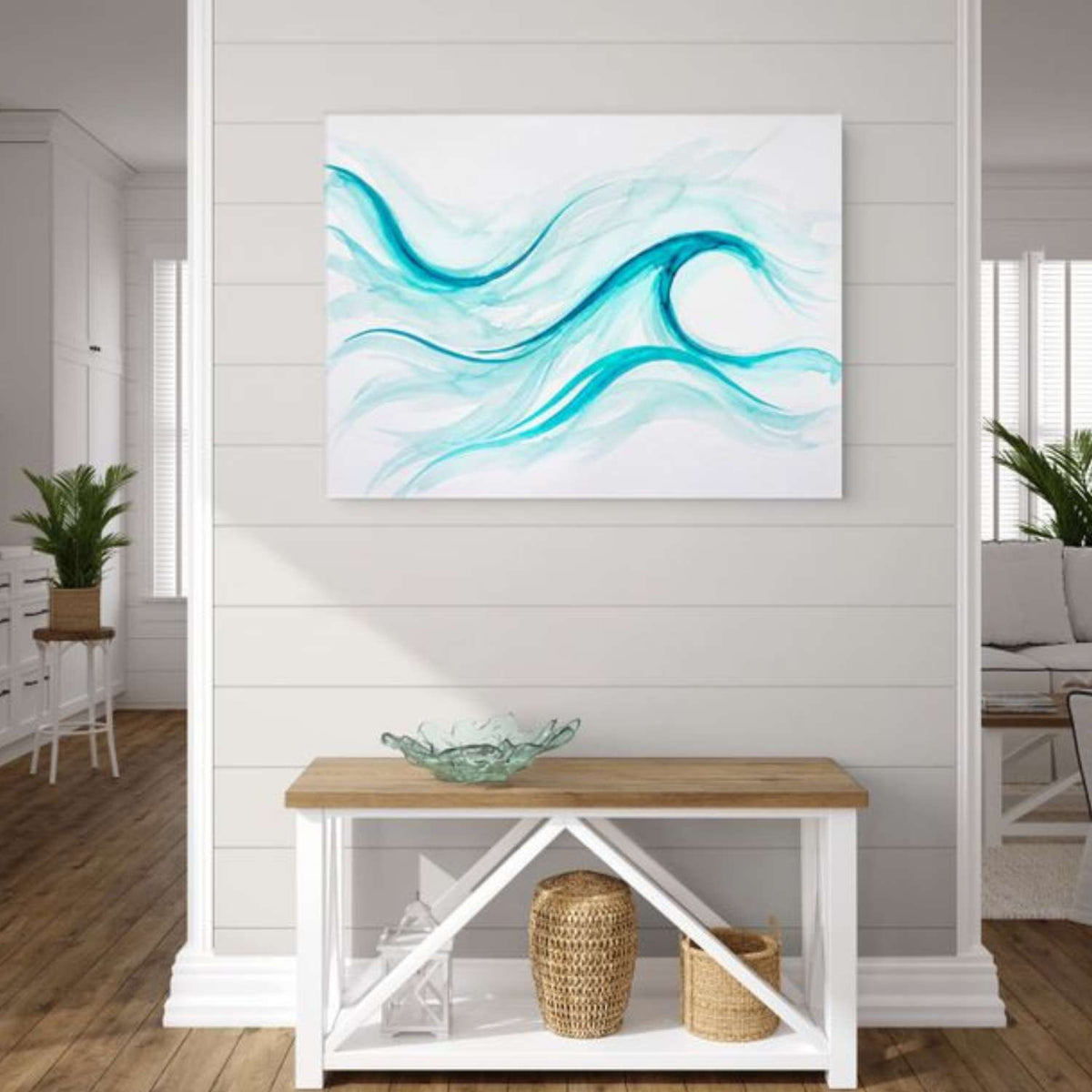 Turquoise Art canvas hanging in a living room