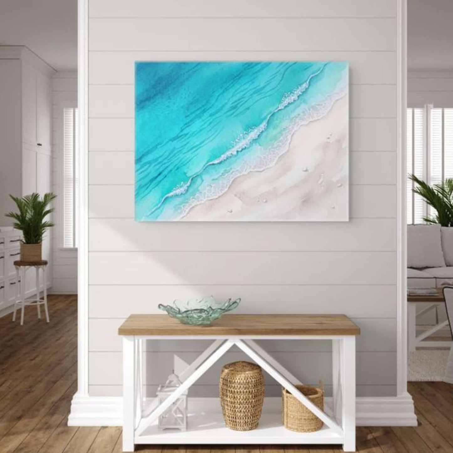 Waves Art canvas hanging in a bedroom