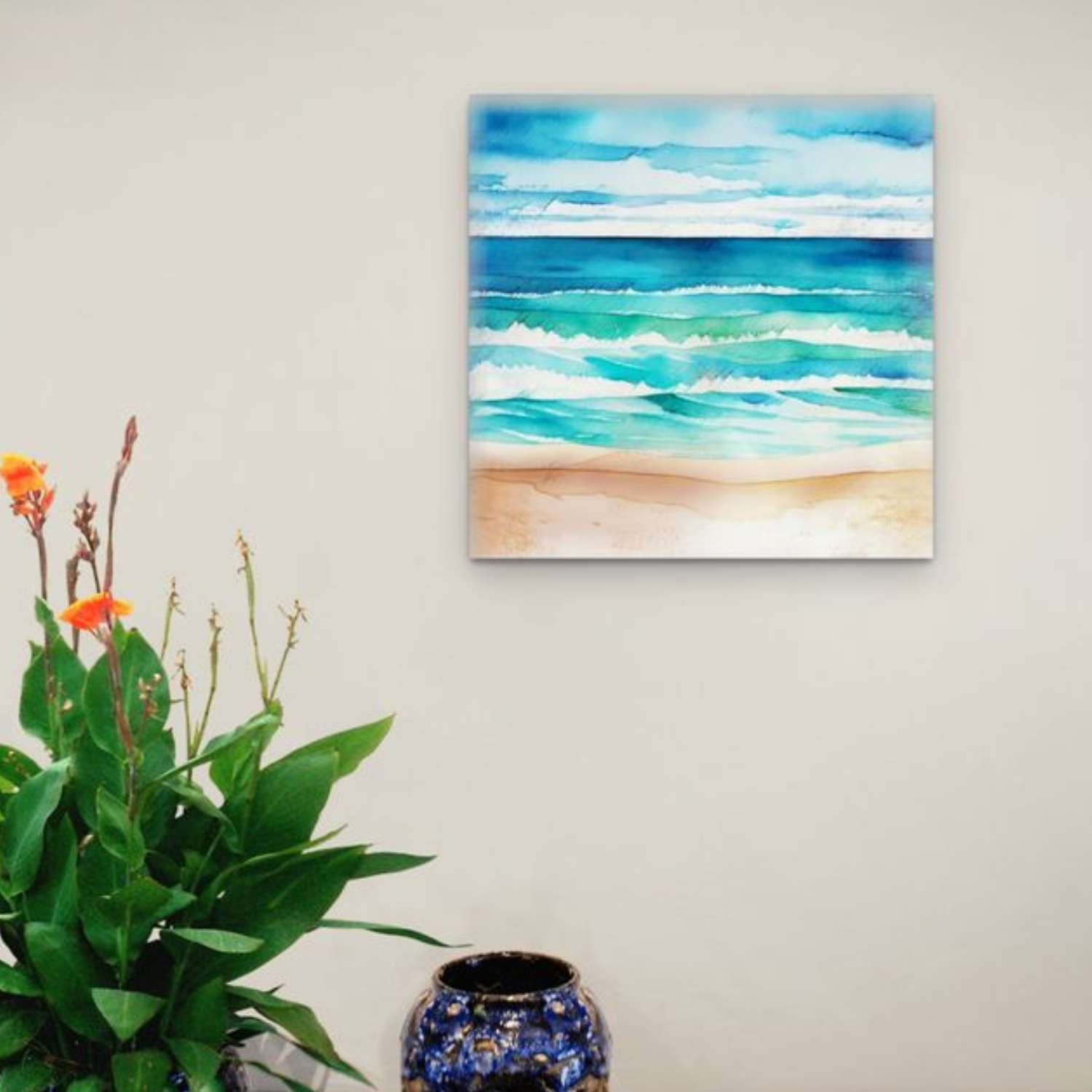 Blue ocean wall art canvas hanging in a living room