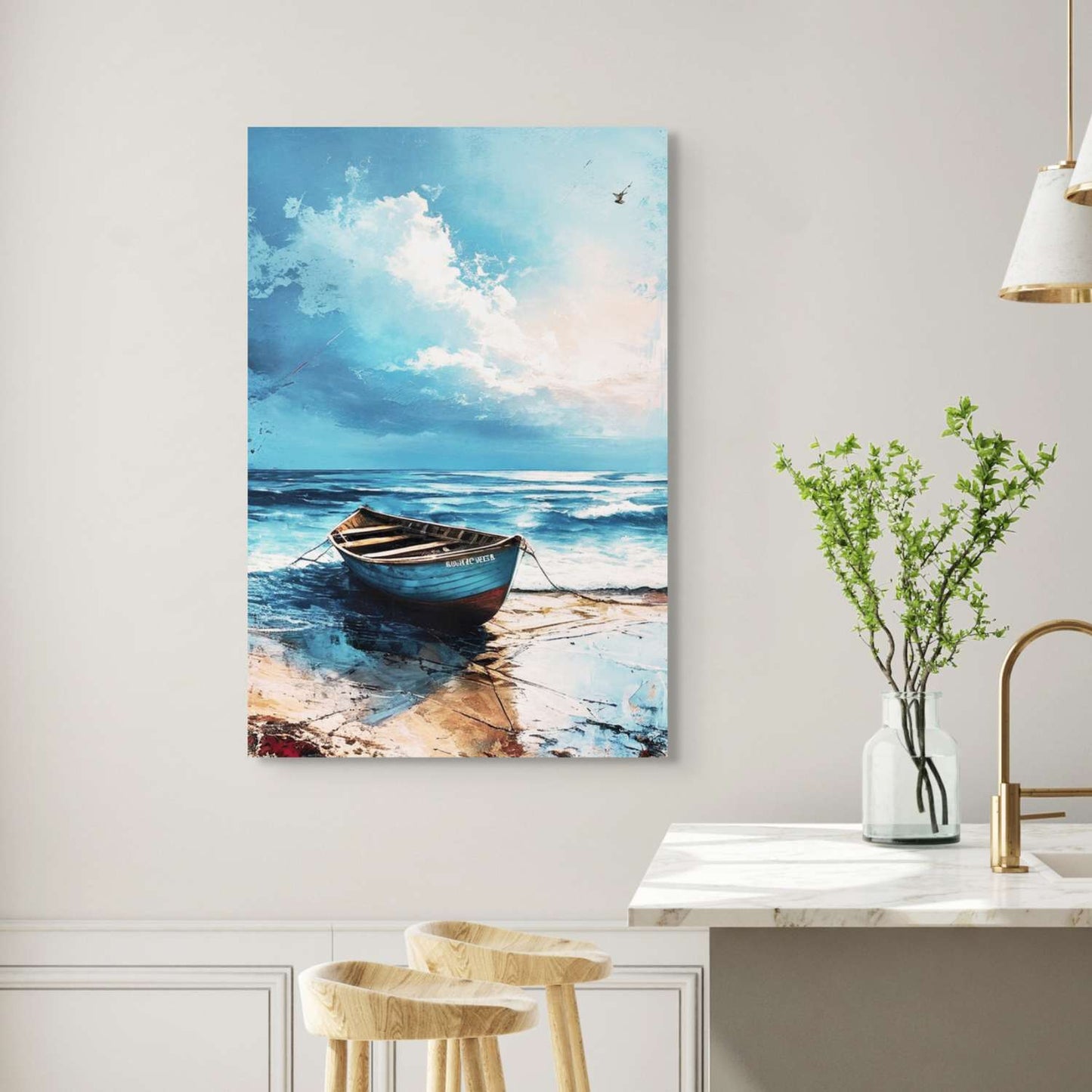 Boat artwork canvas on a wall