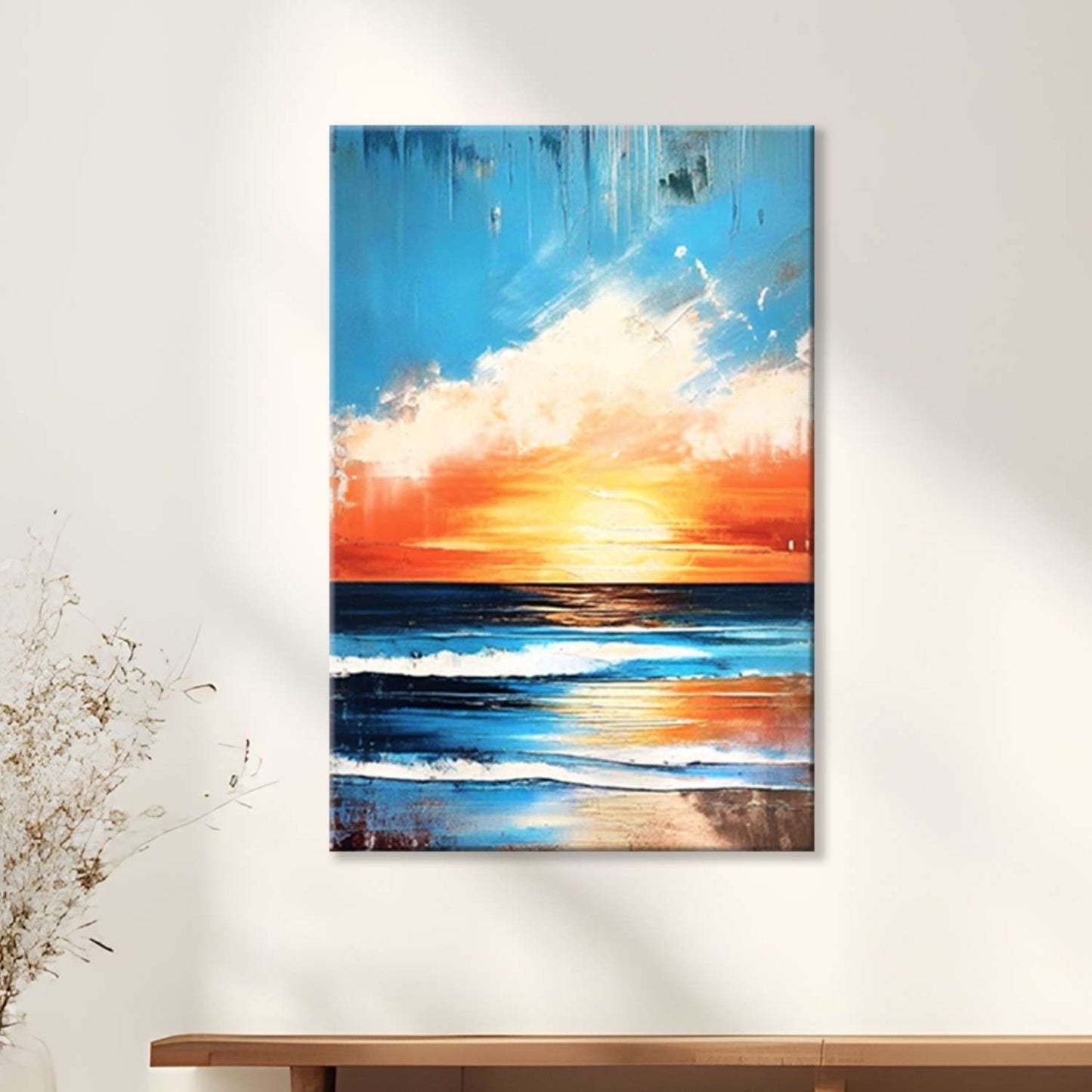 Ocean sunset wall art canvas on a wall
