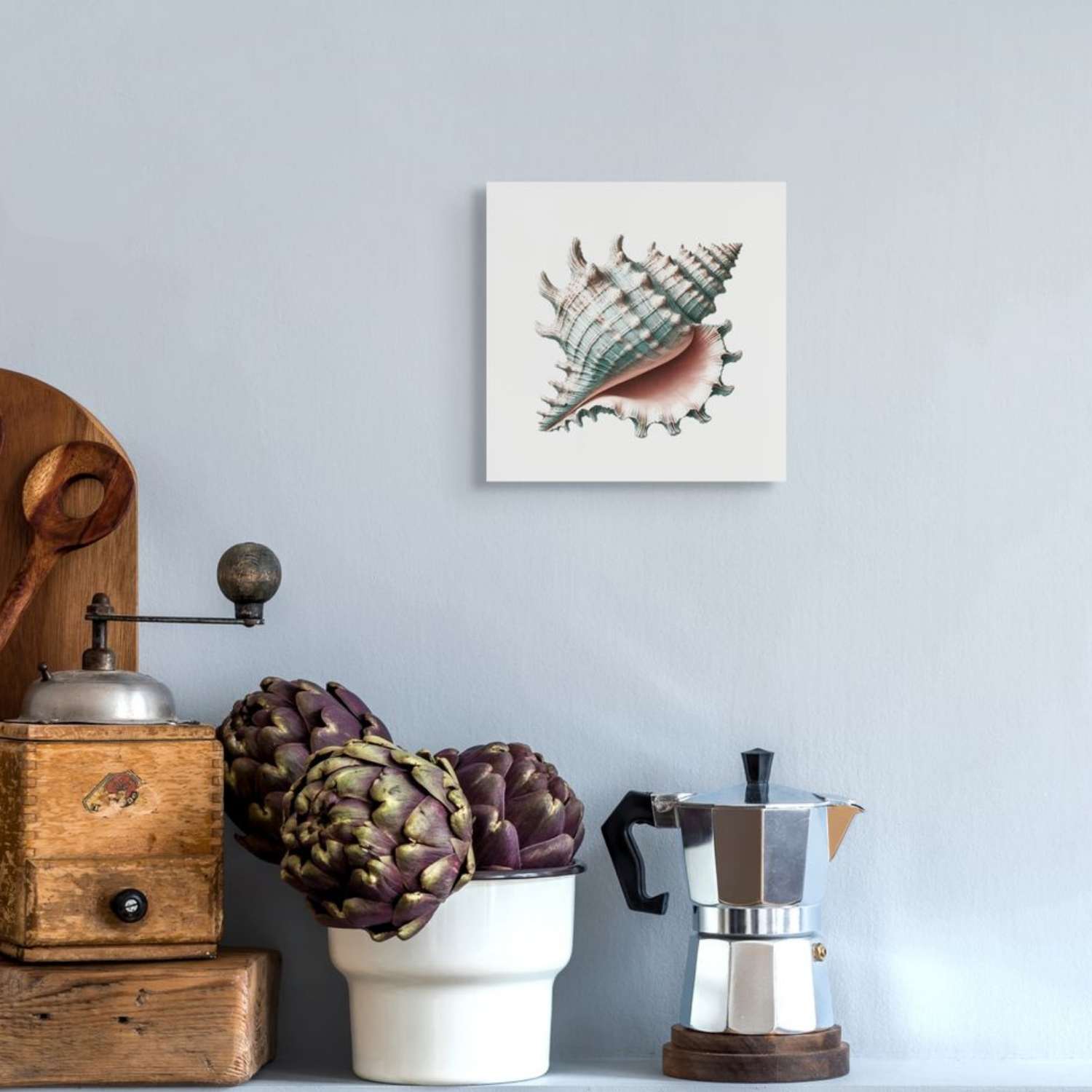 Sea shell wall art canvas on a wall