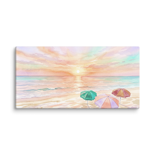 Horizontal coastal canvas of three beach umbrellas under a pastel sunset, watercolor style, gallery wrapped.