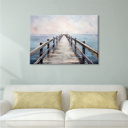 The ocean canvas painting PEACEFUL WALK. The piece hangs on a wall.