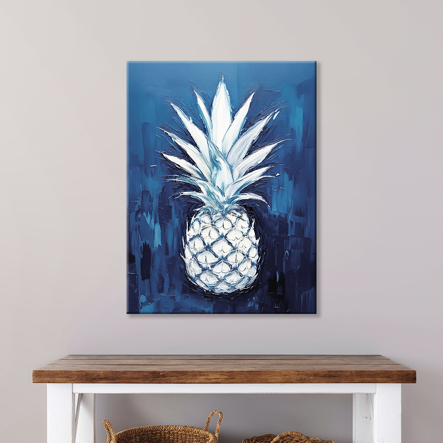 This pineapple art hanging on a wall – premium thick coastal canvas.
