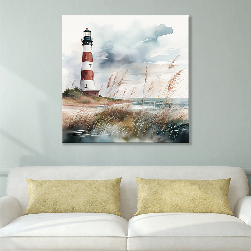 The lighthouse wall art STRIPED BEACON. The piece hangs on a wall