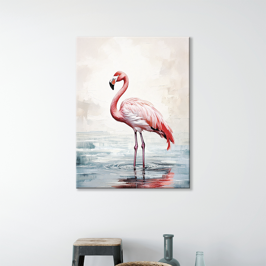 This flamingo wall art hanging on a wall, perfect for a beach-inspired space
