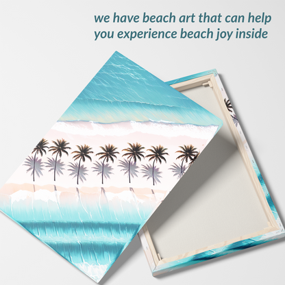 coconut palm wall art PALM SHORES showing front and back. The text reads: “we have beach art that can help you experience beach joy inside”. awe-inspiring beach wall art