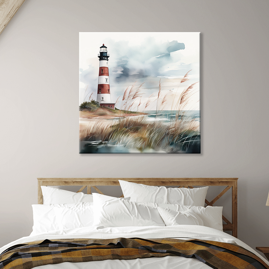 The lighthouse wall art STRIPED BEACON. The piece hangs on a wall